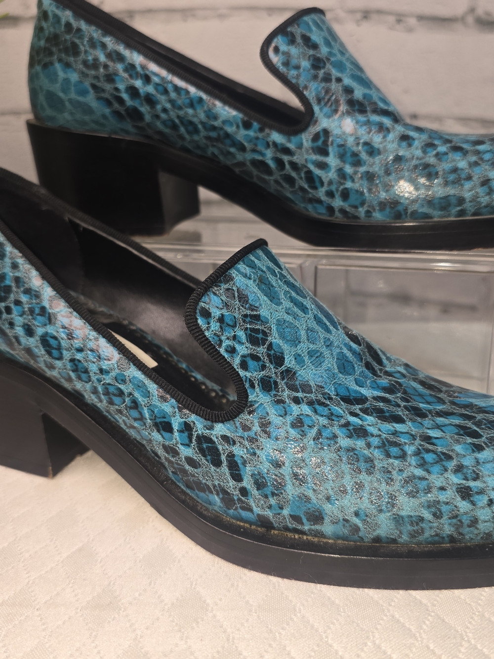 STELLA MCCARTNEY TURQUOISE BLUE LOAFERS SNAKESKIN BLOCK HEEL MADE IN ITALY 36 - Picture 3 of 11